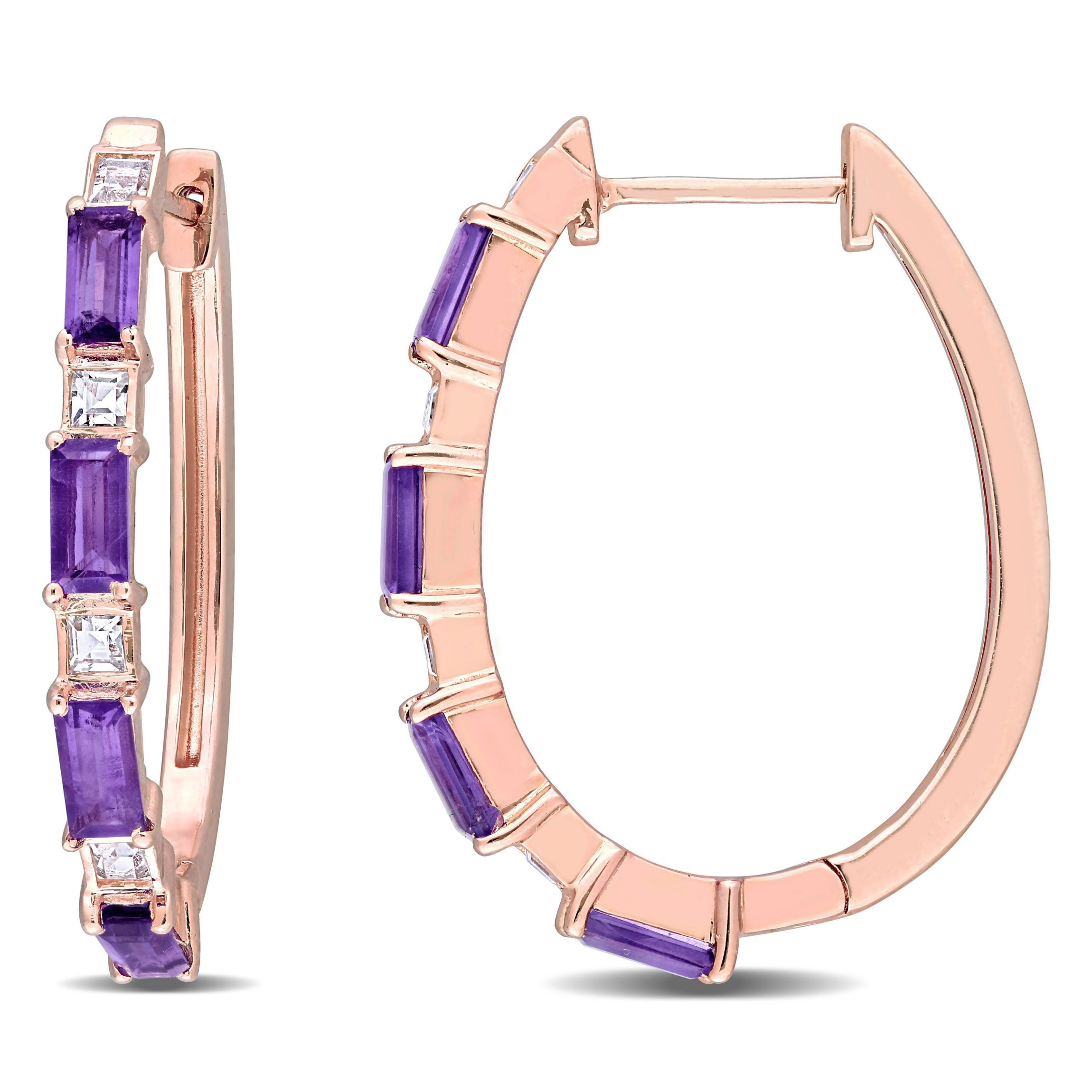 2.16 CT TGW African-Amethyst White Topaz Hoop Earrings in Rose Plated Sterling Silver