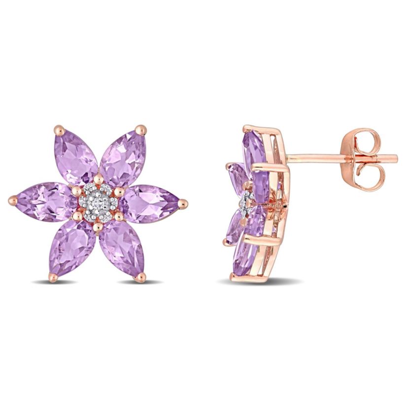 2.37 CT TGW Amethyst and Diamond Accent Floral Stud Earrings in 10k Rose Gold