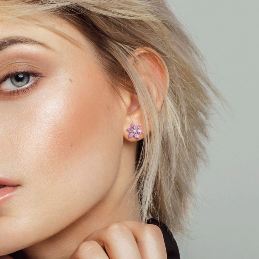 2.37 CT TGW Amethyst and Diamond Accent Floral Stud Earrings in 10k Rose Gold