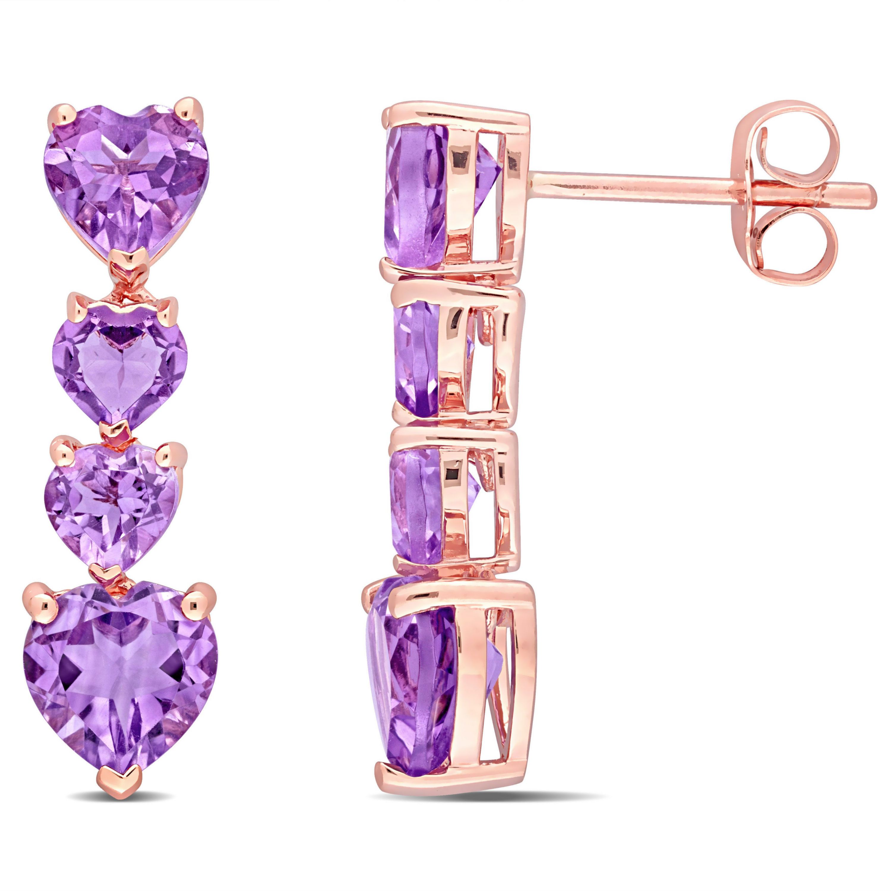 3.12 CT TGW Heart Shape Amethyst Drop Earrings in 10k Rose Gold