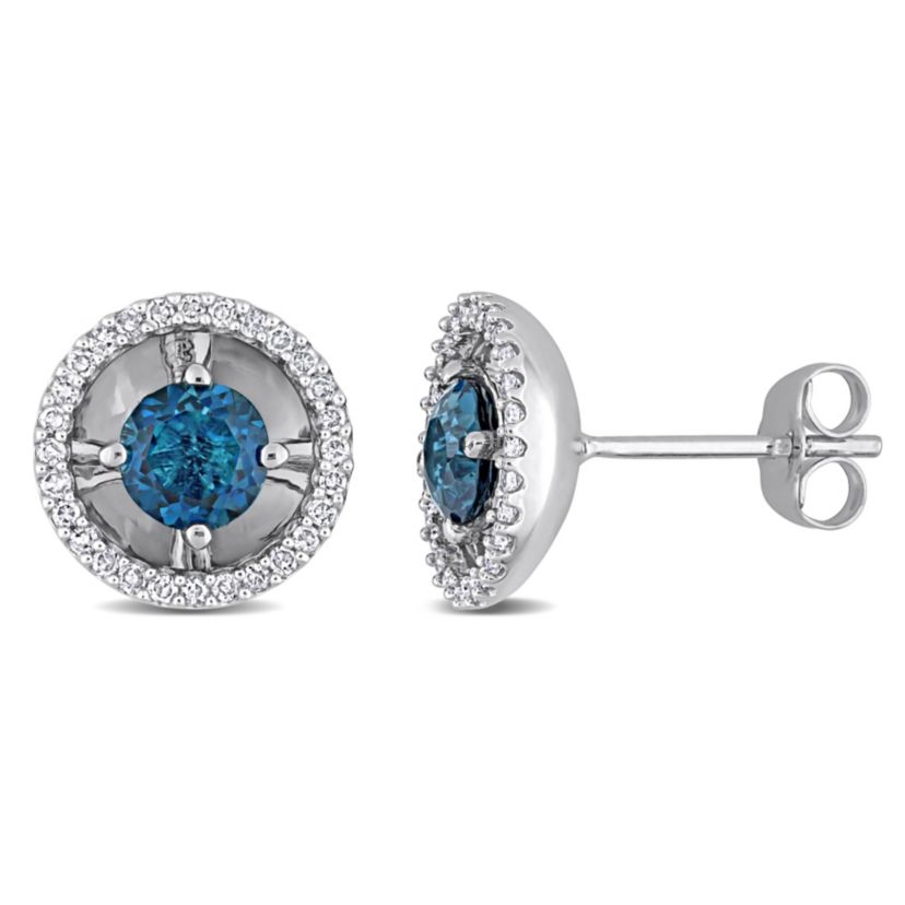 1.12 CT TGW London Blue Topaz and 1/4 CT TW Diamond Margarita Setting Stud Earrings in 10k White Gold