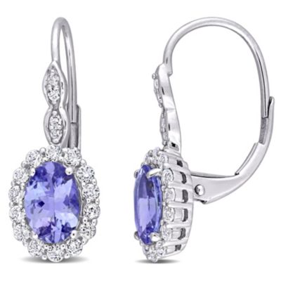 Belk & Co Oval Shape Tanzanite, White Topaz and Diamond Accent Vintage Halo LeverBack Earrings in 14k White Gold