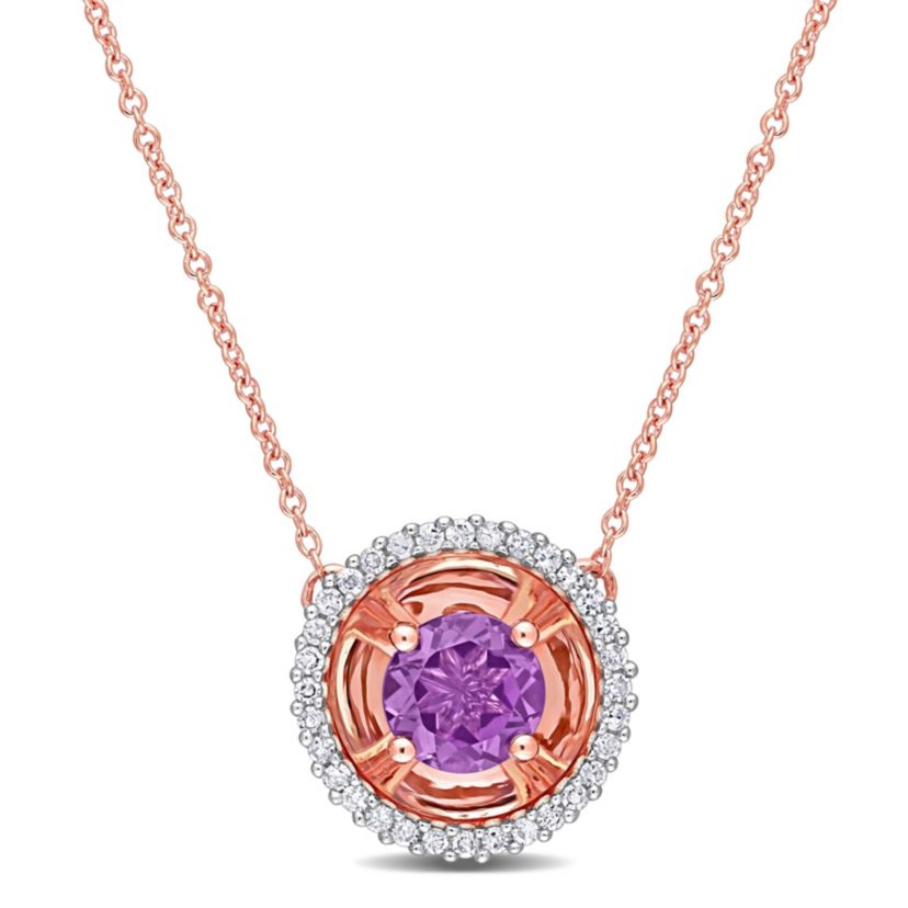 5/8 ct. t.g.w. Amethyst and 1/6 ct. t.w. Diamond Halo Pendant with Chain in 10K Rose Gold