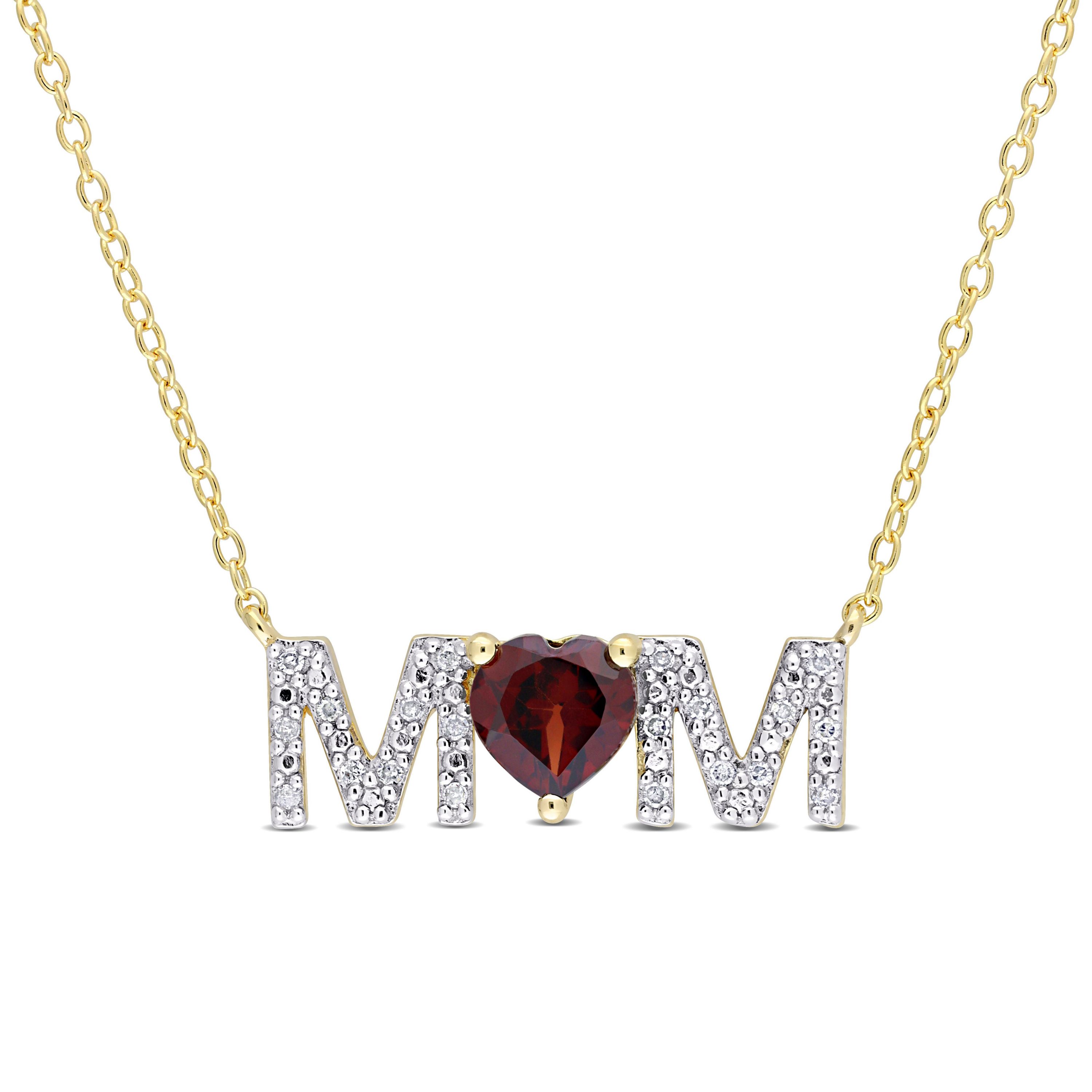 4/5 ct. t.g.w. Garnet and 1/10 ct. t.w. Diamond "MOM" Pendant with Chain in Yellow Plated Sterling Silver