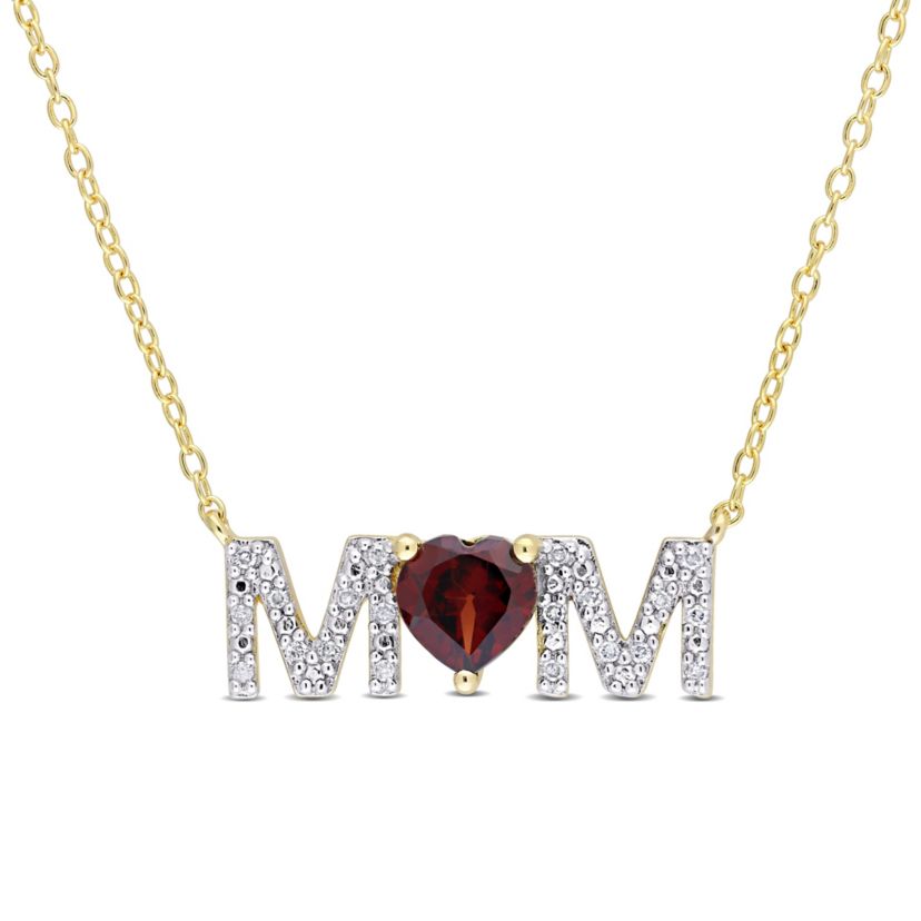 4/5 ct. t.g.w. Garnet and 1/10 ct. t.w. Diamond "MOM" Pendant with Chain in Yellow Plated Sterling Silver