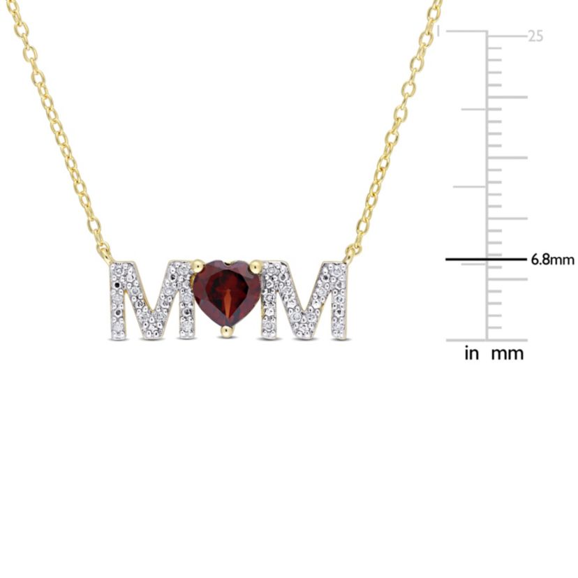 4/5 ct. t.g.w. Garnet and 1/10 ct. t.w. Diamond "MOM" Pendant with Chain in Yellow Plated Sterling Silver