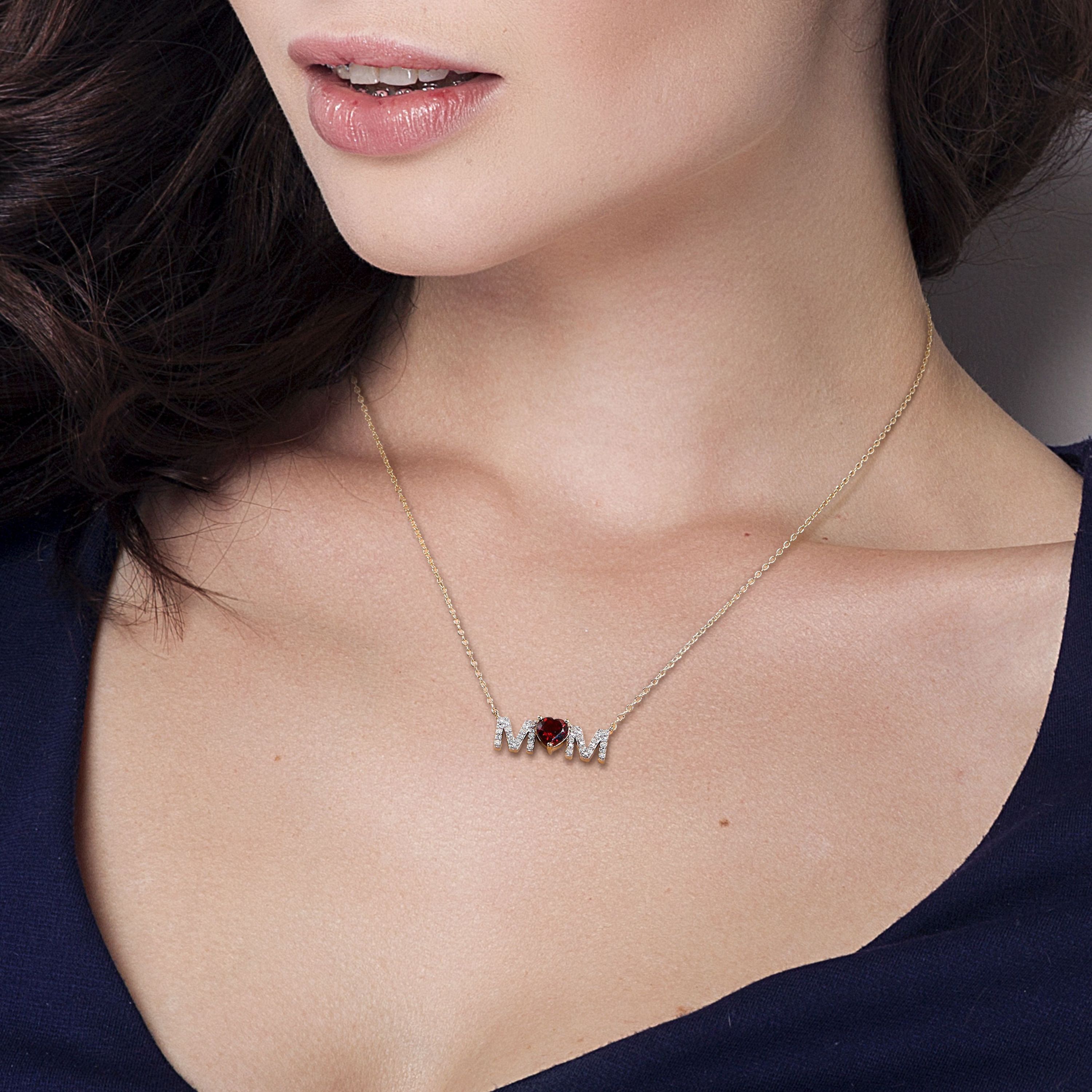 4/5 ct. t.g.w. Garnet and 1/10 ct. t.w. Diamond "MOM" Pendant with Chain in Yellow Plated Sterling Silver