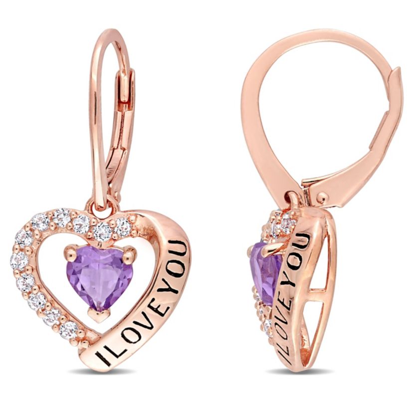 1.46 ct. t.g.w. Amethyst and White Topaz Heart I Love You Earrings in Rose Plated Sterling Silver