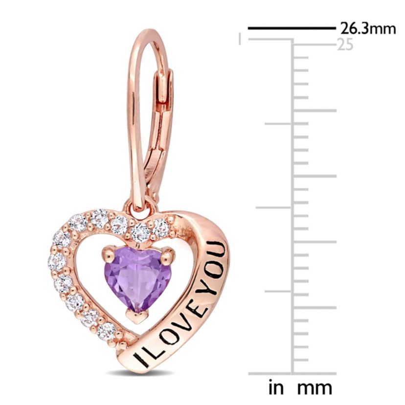 1.46 ct. t.g.w. Amethyst and White Topaz Heart I Love You Earrings in Rose Plated Sterling Silver