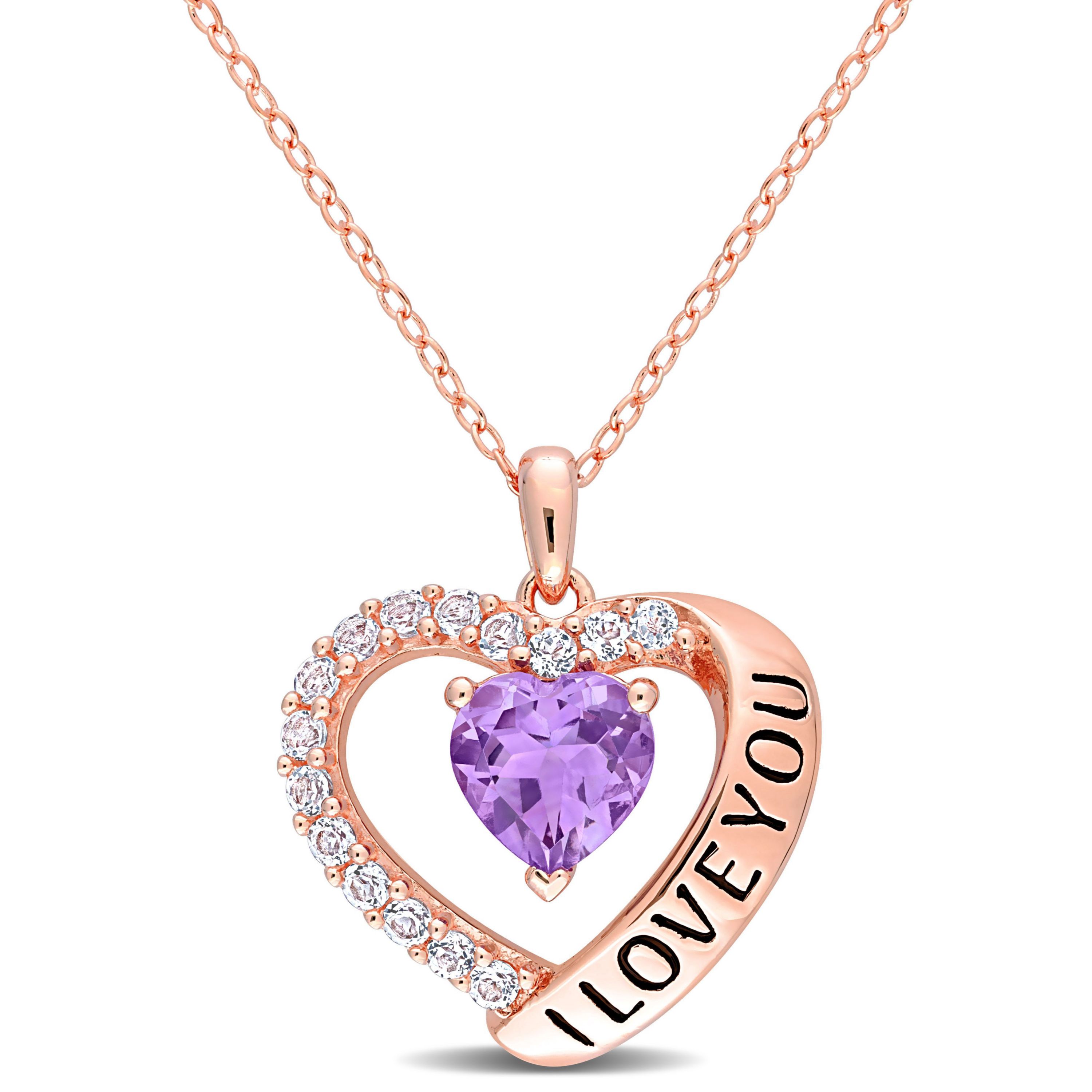 1.65 ct. t.g.w. Amethyst and White Topaz Heart I Love You Pendant with Chain in Rose Plated Sterling Silver