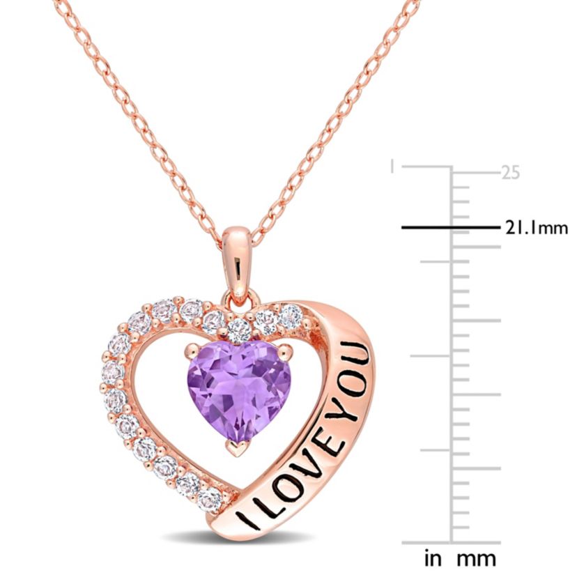 1.65 ct. t.g.w. Amethyst and White Topaz Heart I Love You Pendant with Chain in Rose Plated Sterling Silver
