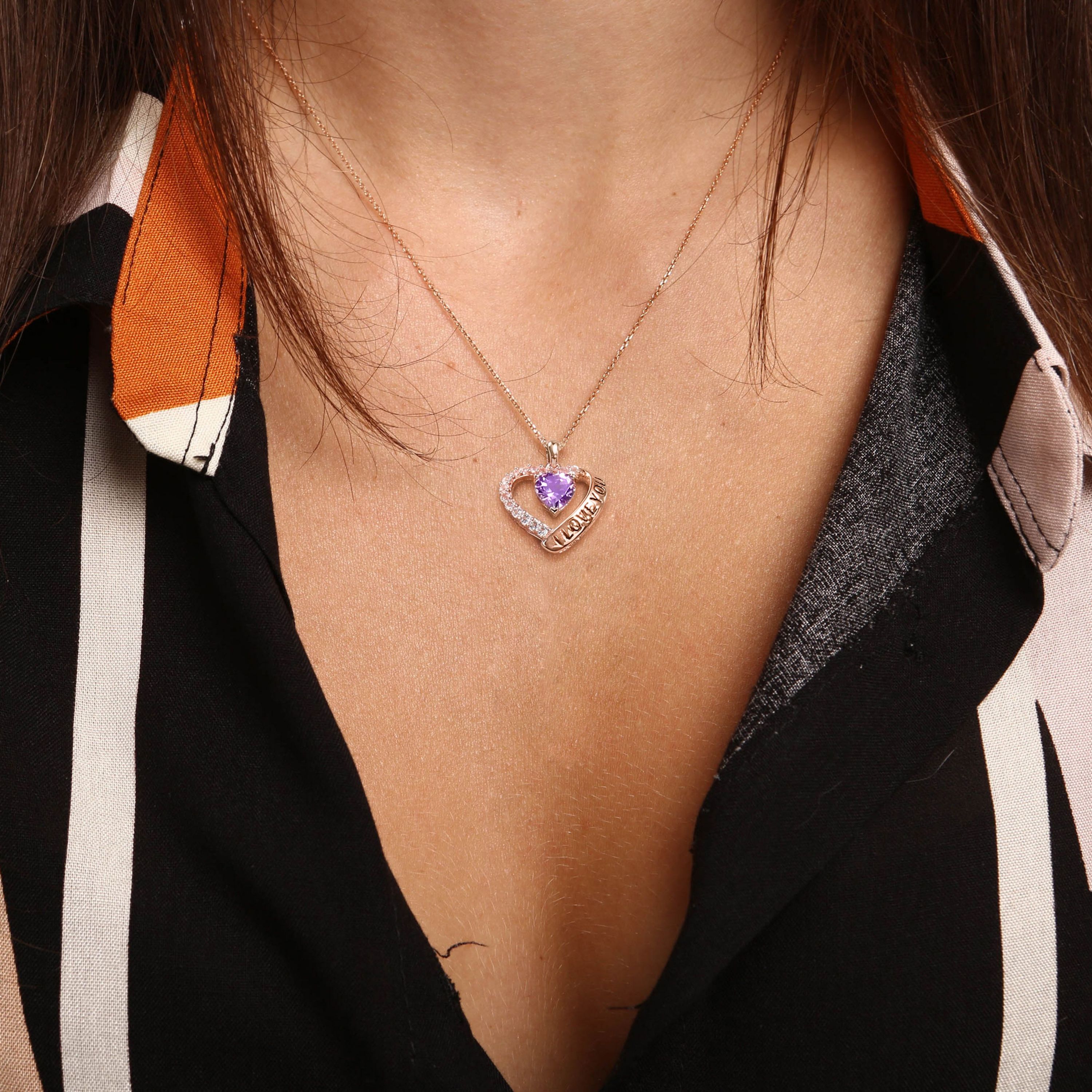 1.65 ct. t.g.w. Amethyst and White Topaz Heart I Love You Pendant with Chain in Rose Plated Sterling Silver