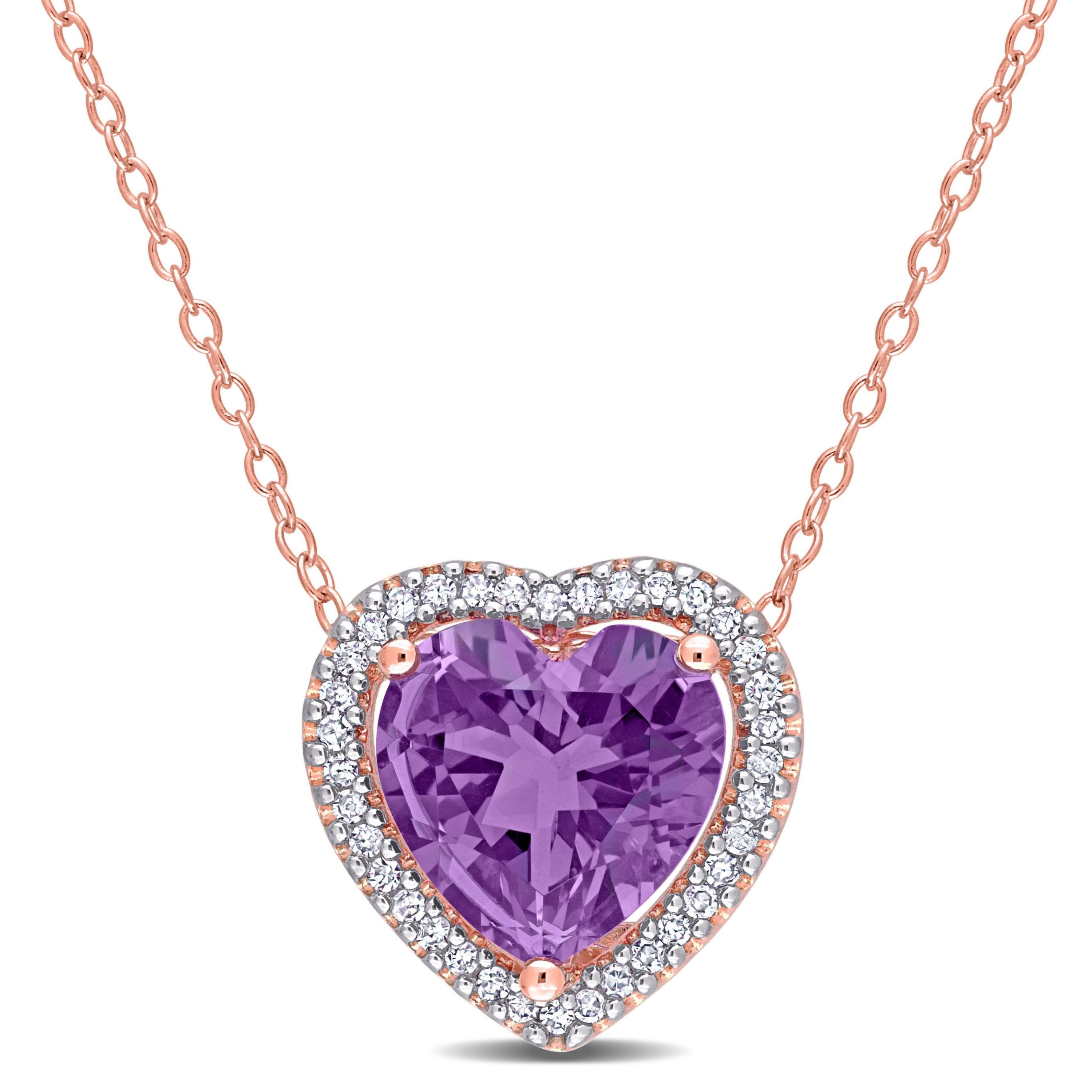 3.25 ct. t.g.w. Amethyst and 1/5 ct. t.w. Diamond Halo Heart Necklace with Chain in Rose Plated Sterling Silver