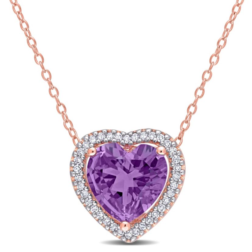 3.25 ct. t.g.w. Amethyst and 1/5 ct. t.w. Diamond Halo Heart Necklace with Chain in Rose Plated Sterling Silver