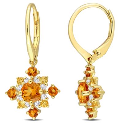 Belk & Co 2.1 Ct Tgw Citrine, Madeira Citrine And White Topaz Leverback Cluster Drop Earrings In 18K Yellow Gold Plated Sterling Silver