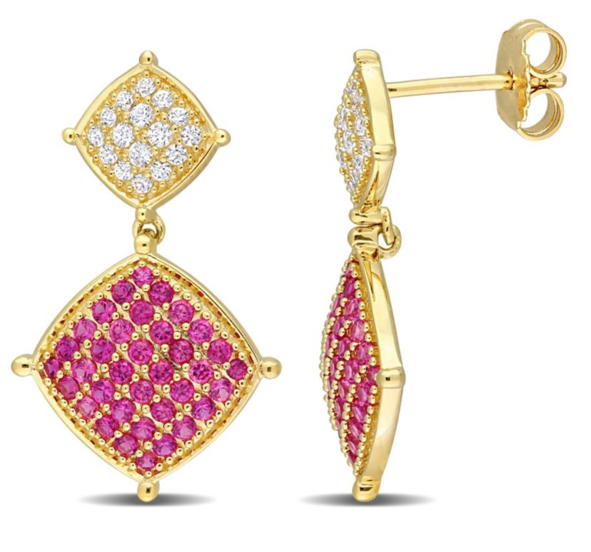 Lab Created 1.78 ct. t.g.w. Created White Sapphire & Created Ruby Lozenge Earrings in Yellow Plated Sterling Silver
