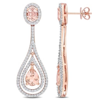 Belk & Co 2.8 CT TGW Oval and Pear Shape Morganite and 1 CT TW Diamond Halo Teardrop Earrings in 14k Rose Gold, Pink