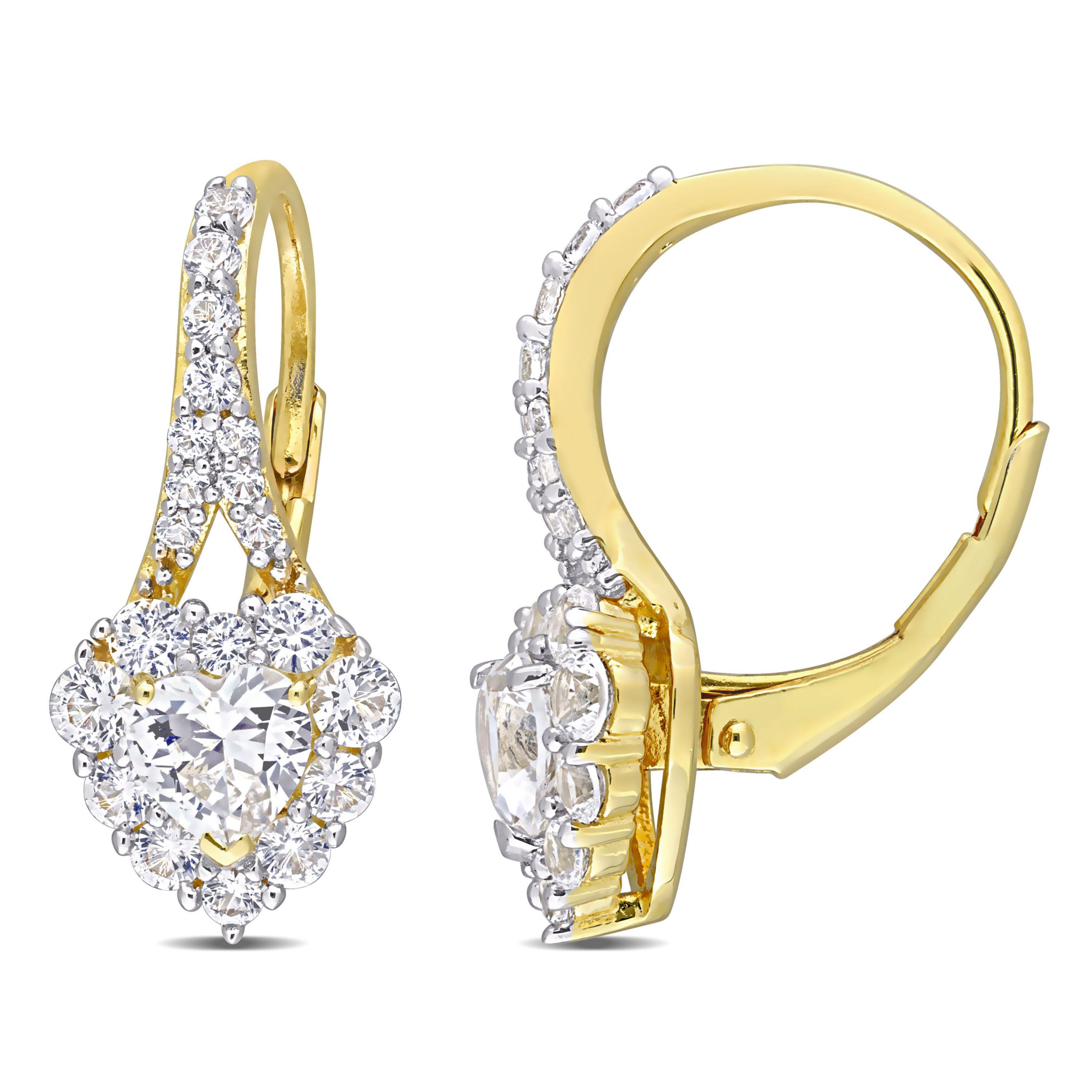 Lab Created 2.4 CT TGW Created White Sapphire Halo Heart Leverback Earrings in Yellow Plated Sterling Silver