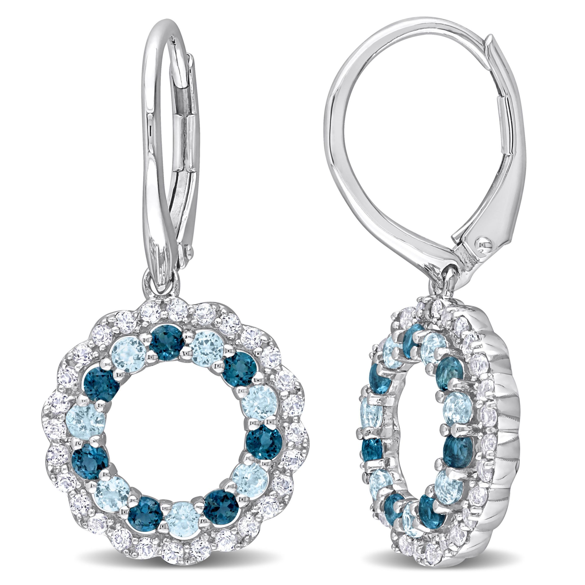 2 ct. t.g.w. Sky Blue, London Blue and White Topaz Open Circle Drop Earrings in Sterling Silver