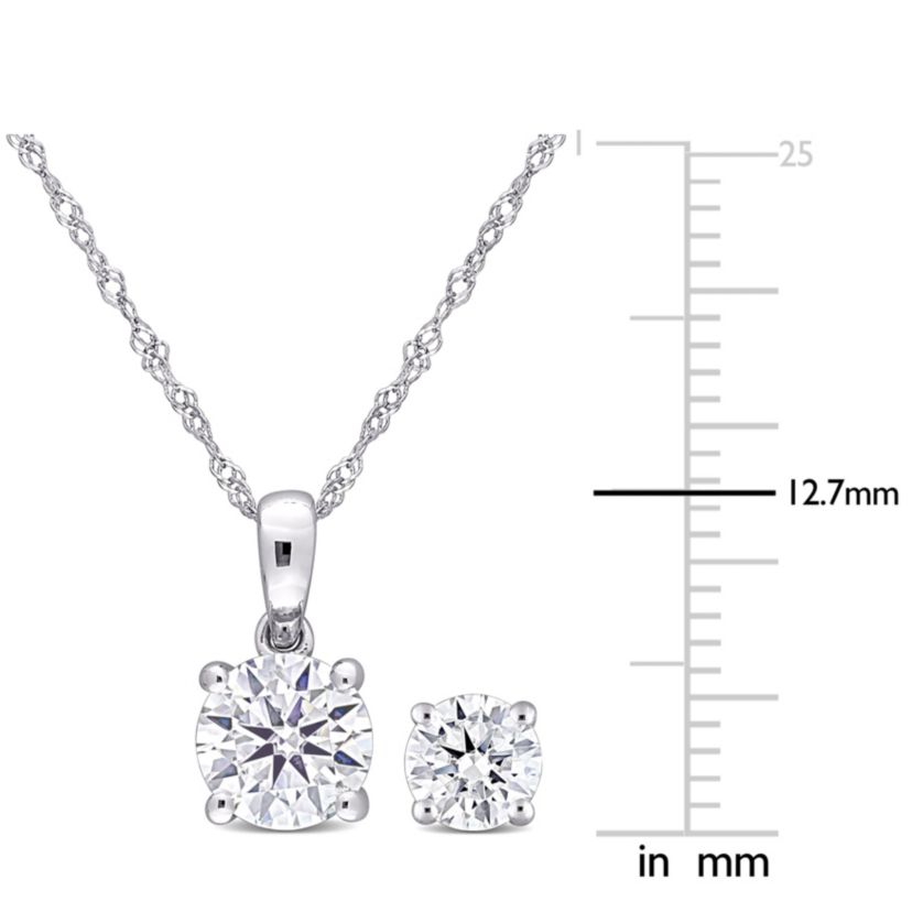 Lab Created 2-piece Set of 2 CT DEW Created Moissanite Solitaire Pendant with Chain and Stud Earrings in 10k White Gold