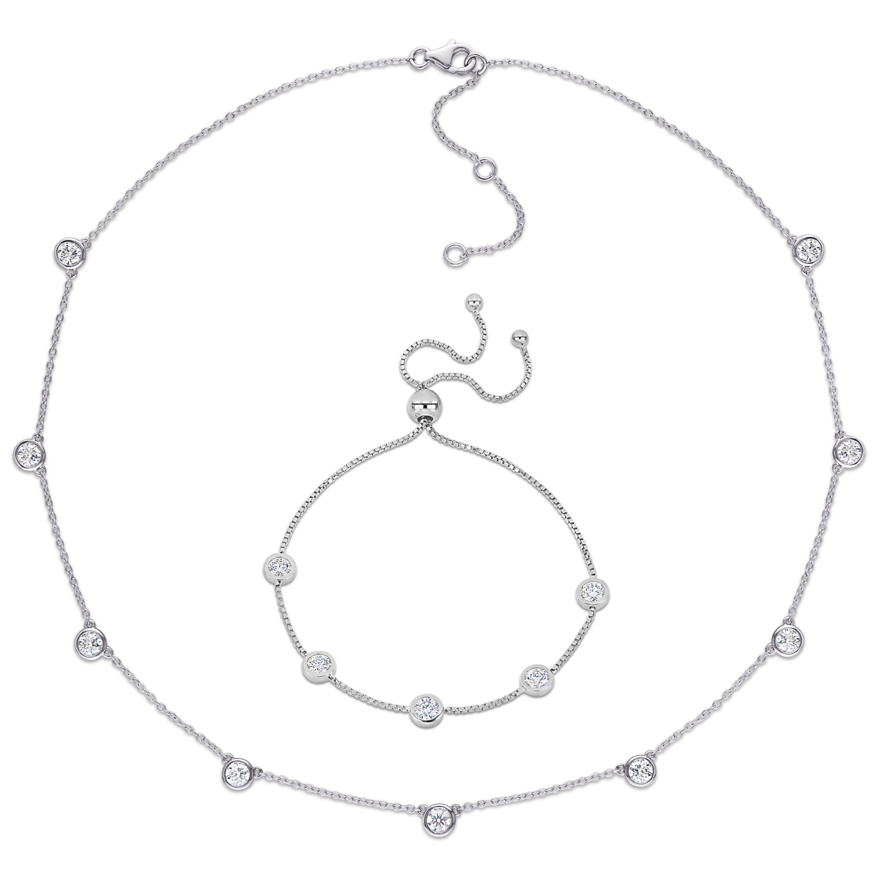 Lab Created Created Moissanite Yard Necklace and Station Bolo Bracelet 2-piece Set in Sterling Silver