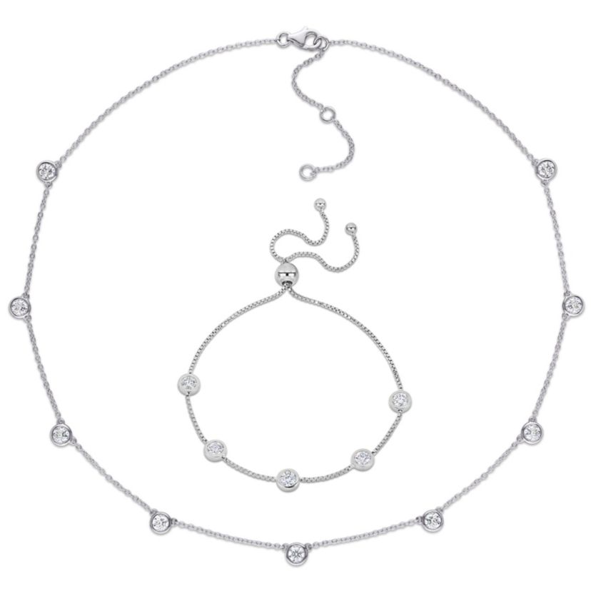 Lab Created Created Moissanite Yard Necklace and Station Bolo Bracelet 2-piece Set in Sterling Silver