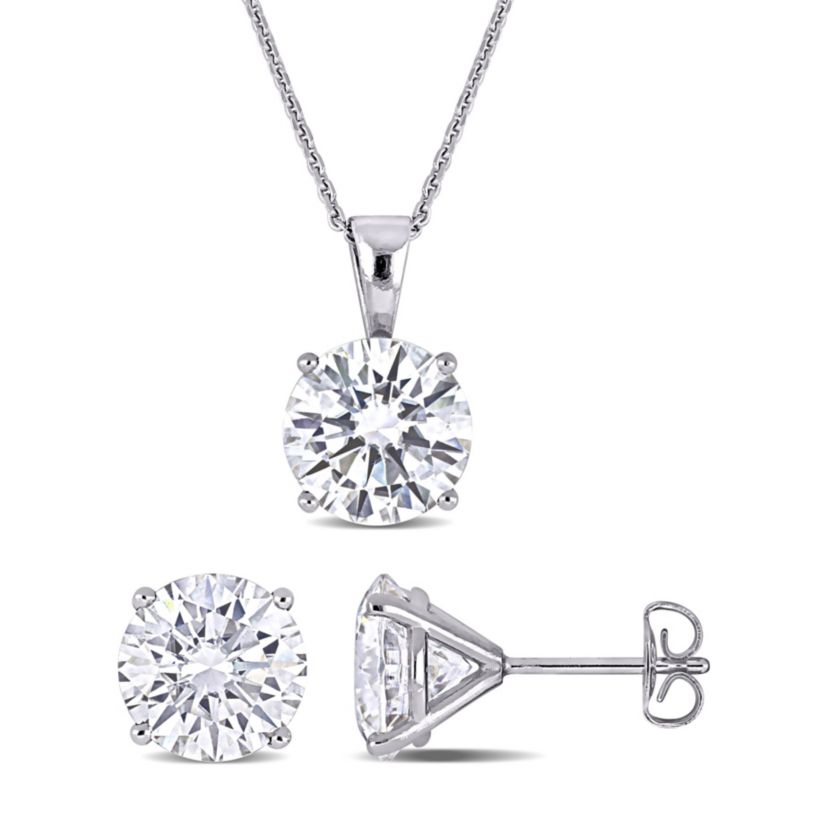 Lab Created Moissanite Solitaire Pendant with Chain and Stud Earrings Set in 14k White Gold