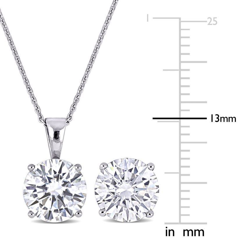 Lab Created Moissanite Solitaire Pendant with Chain and Stud Earrings Set in 14k White Gold