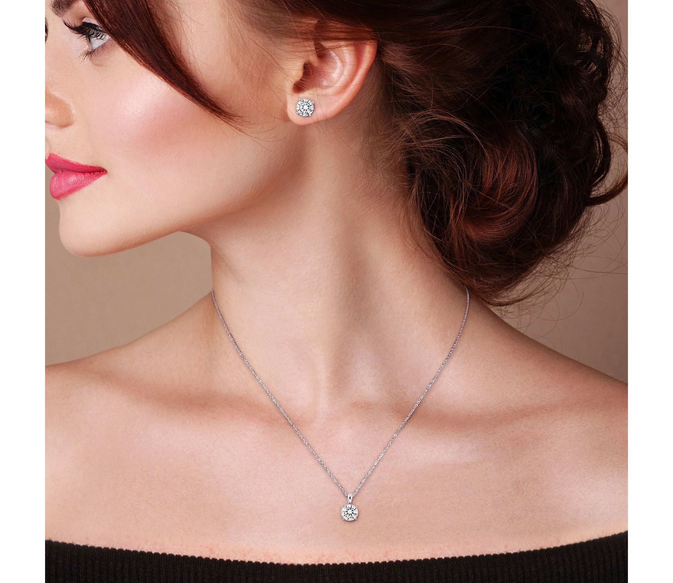 Lab Created Moissanite Solitaire Pendant with Chain and Stud Earrings Set in 14k White Gold