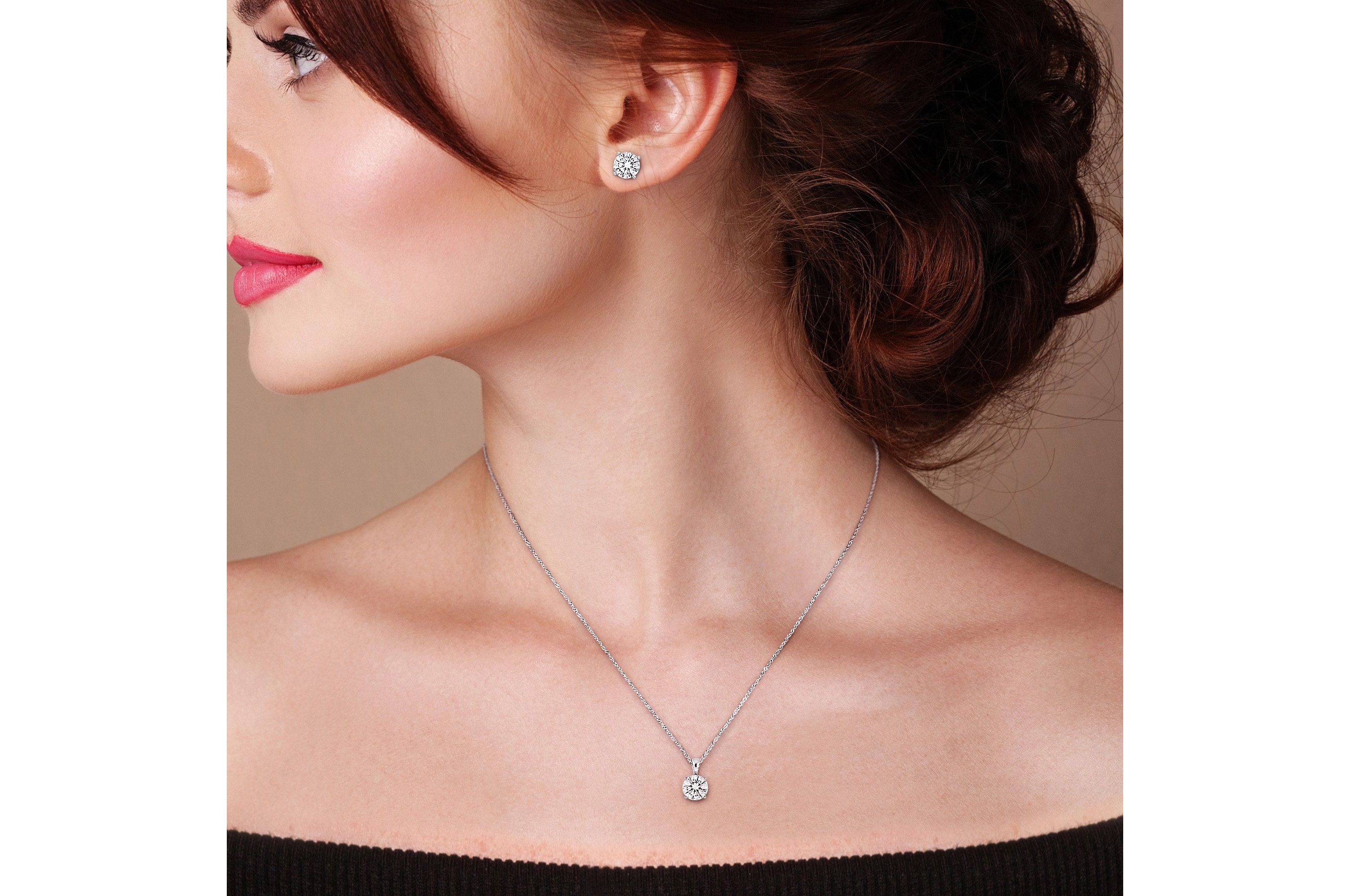 Lab Created Moissanite Solitaire Pendant with Chain and Stud Earrings Set in 14k White Gold