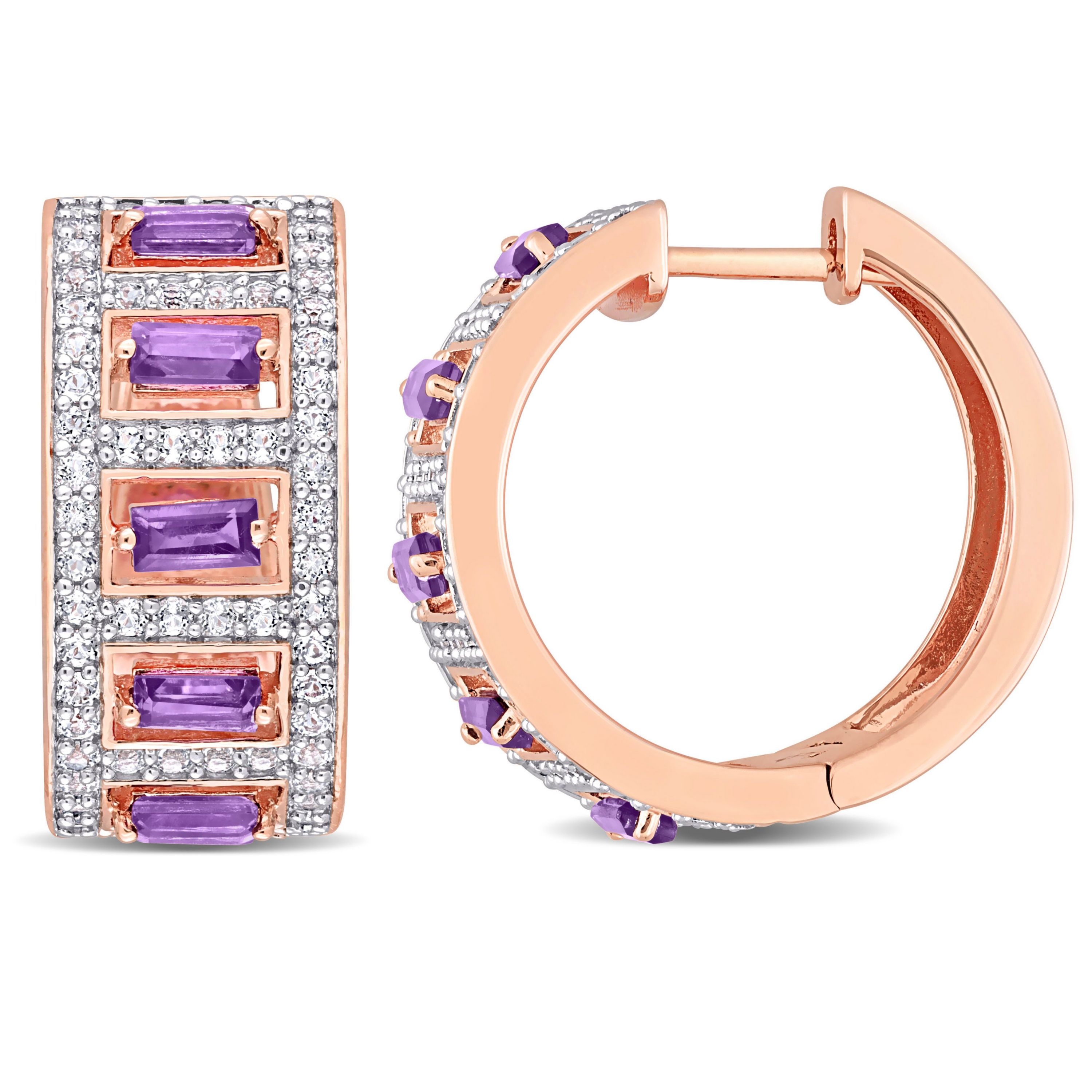 2.48 ct. t.g.w. African-Amethyst and White Topaz Hoop Earrings in Rose Plated Sterling Silver