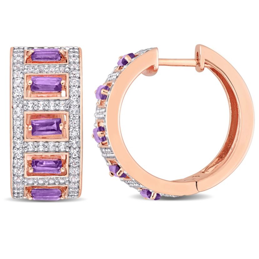 2.48 ct. t.g.w. African-Amethyst and White Topaz Hoop Earrings in Rose Plated Sterling Silver
