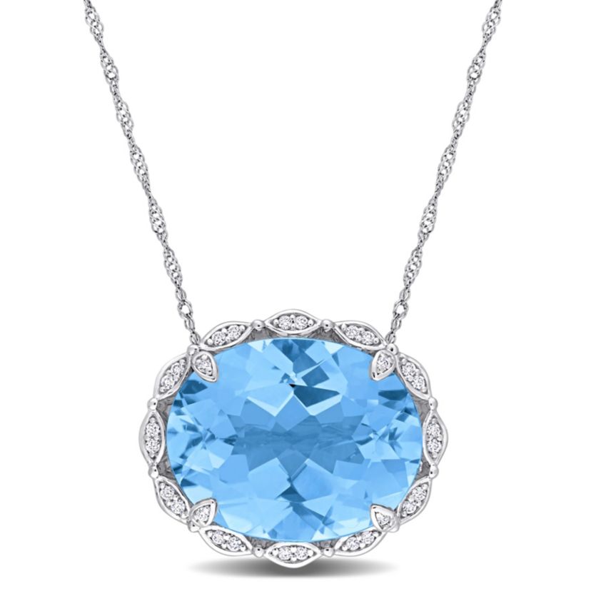 24.74 ct. t.g.w. Sky Blue Topaz and 1/7 ct. t.w. Diamond Halo Necklace in 14K White Gold