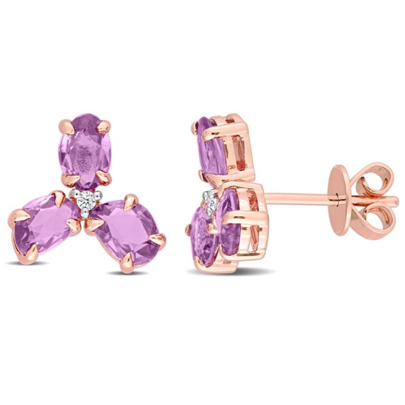 2.5 CT TGW Purple Sapphire and Diamond Accent 3-Stone Stud Earrings in 14k Rose Gold