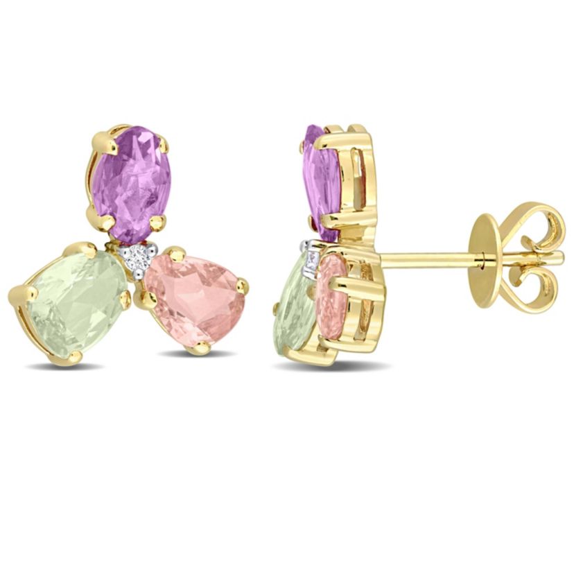 2.4 CT TGW Multi Color Sapphire and Diamond Accent 3-Stone Stud Earrings in 14k Yellow Gold