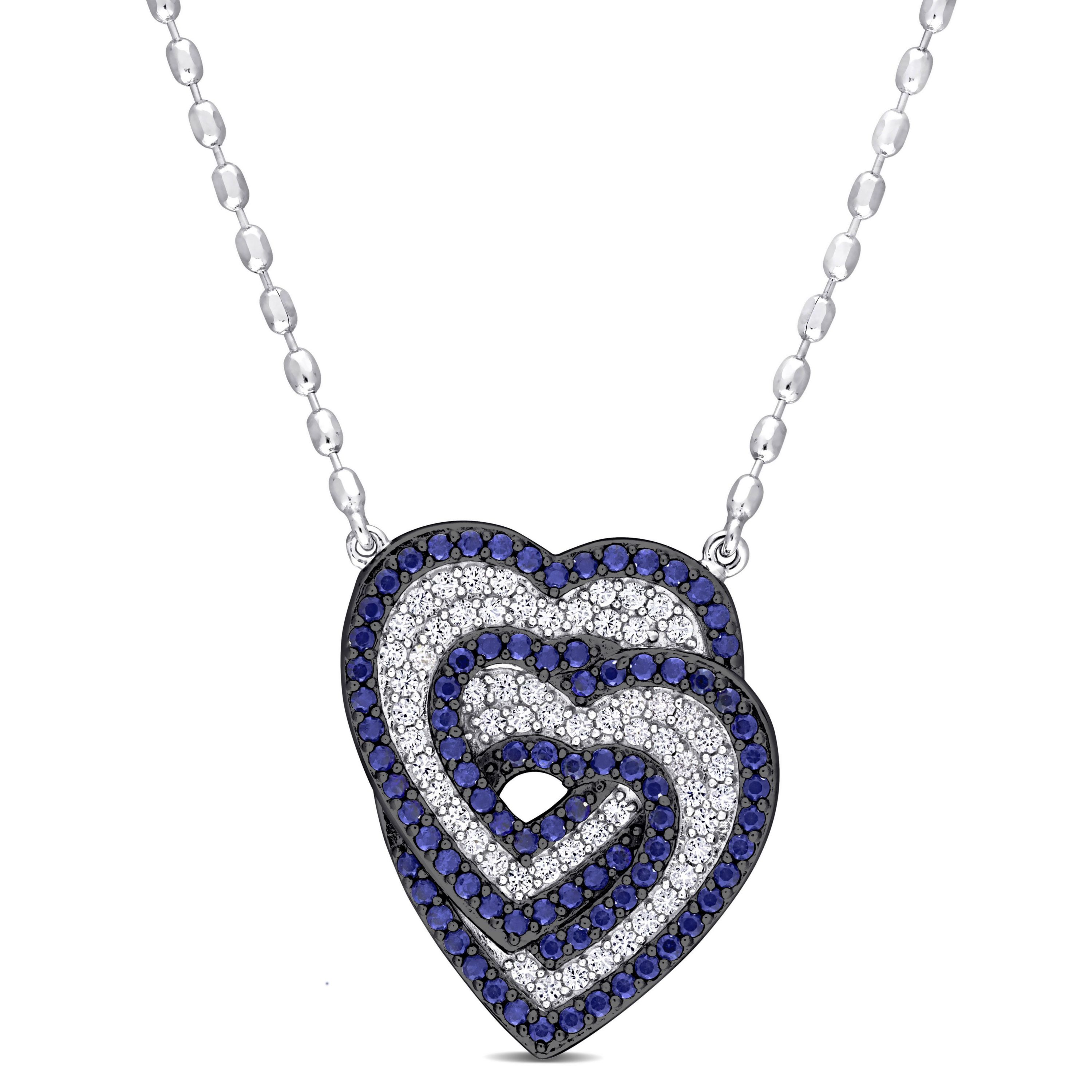 Lab Created 1.45 ct. t.g.w. Created White and Blue Sapphire Interlocking Hearts Pendant with Chain in Sterling Silver