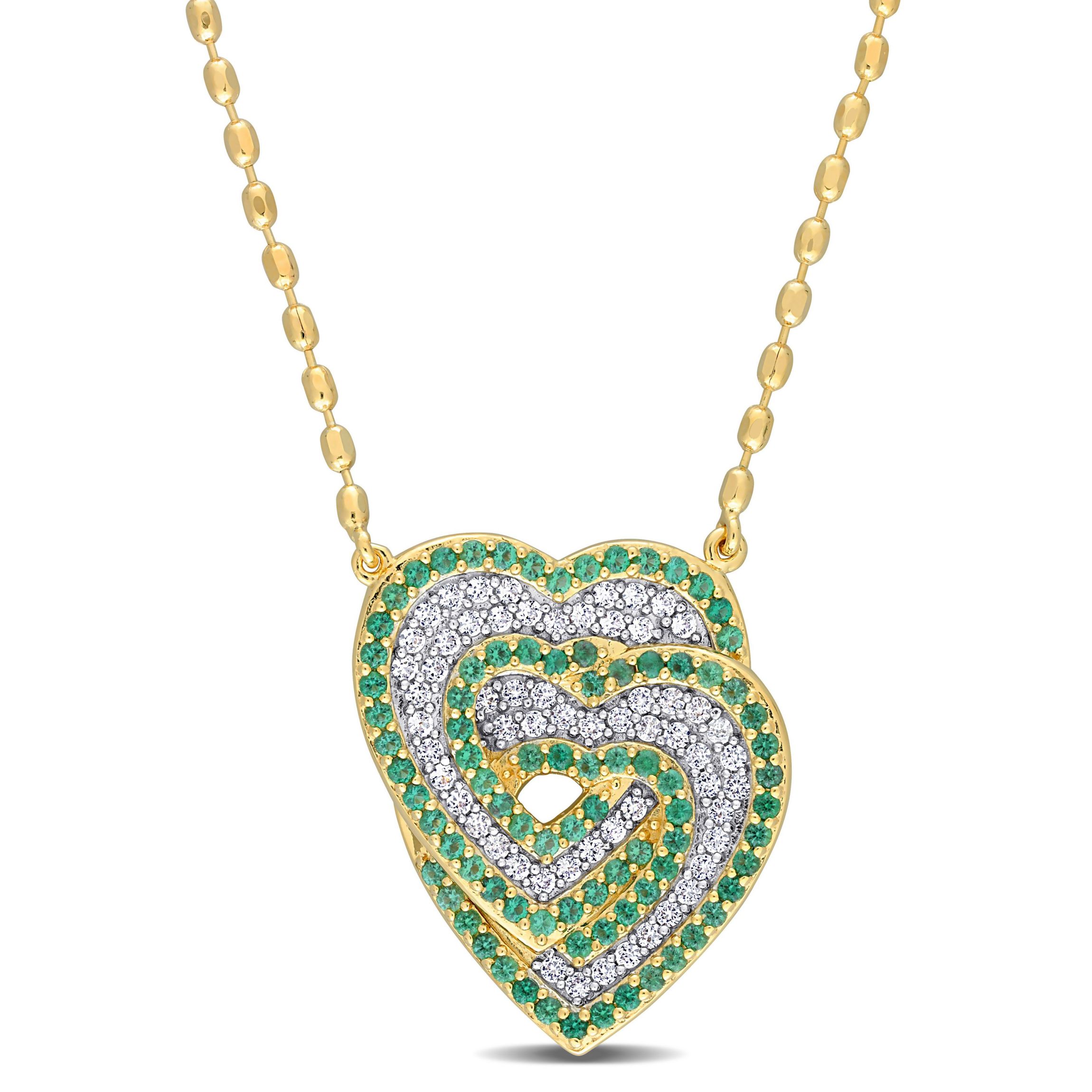 Lab Created 1.45 ct. t.g.w. Create White Sapphire and Created Emerald Interlocking Hearts Pendant with Chain in Yellow Plated Sterling Silver