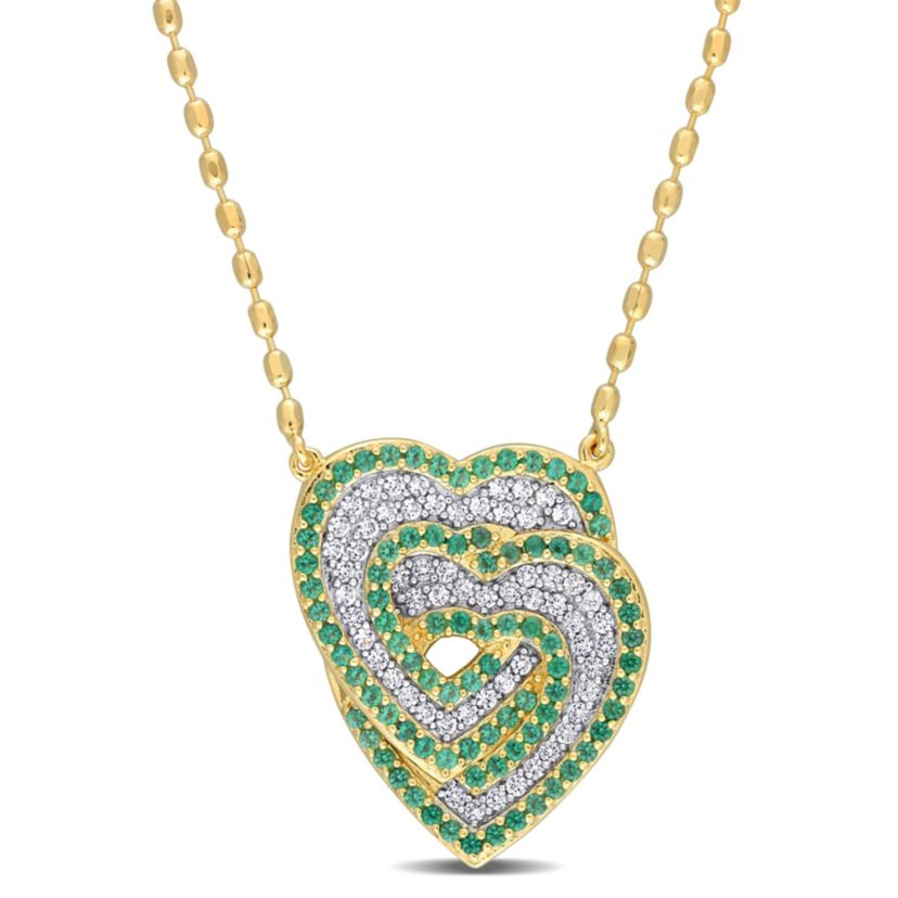 Lab Created 1.45 ct. t.g.w. Create White Sapphire and Created Emerald Interlocking Hearts Pendant with Chain in Yellow Plated Sterling Silver