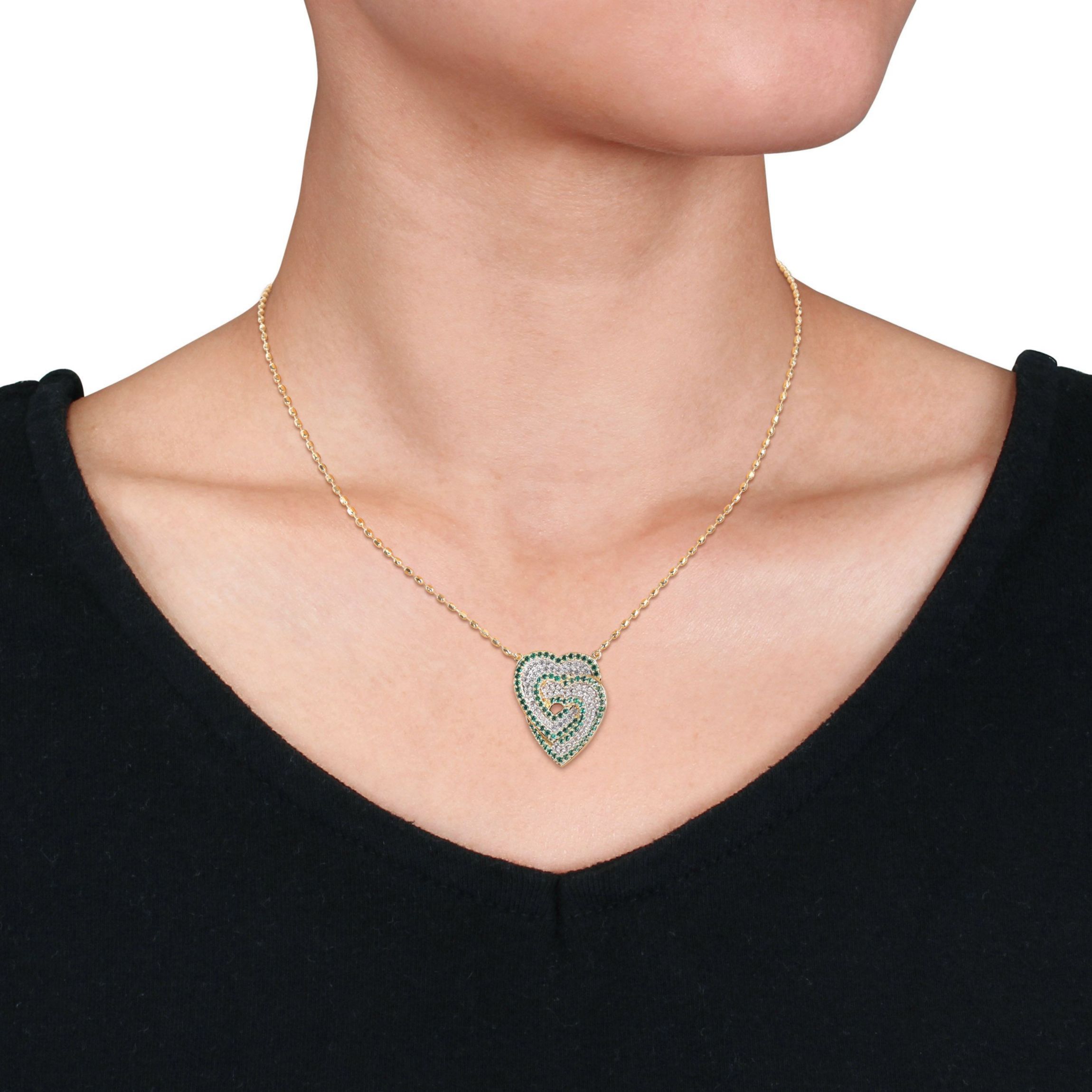 Lab Created 1.45 ct. t.g.w. Create White Sapphire and Created Emerald Interlocking Hearts Pendant with Chain in Yellow Plated Sterling Silver