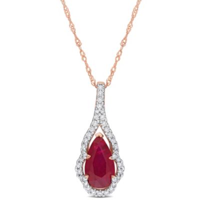 Belk & Co 1.65 Ct. T.g.w. Ruby And 1/4 Ct. T.w. Diamond Halo Pendant With Chain In 14K Rose Gold