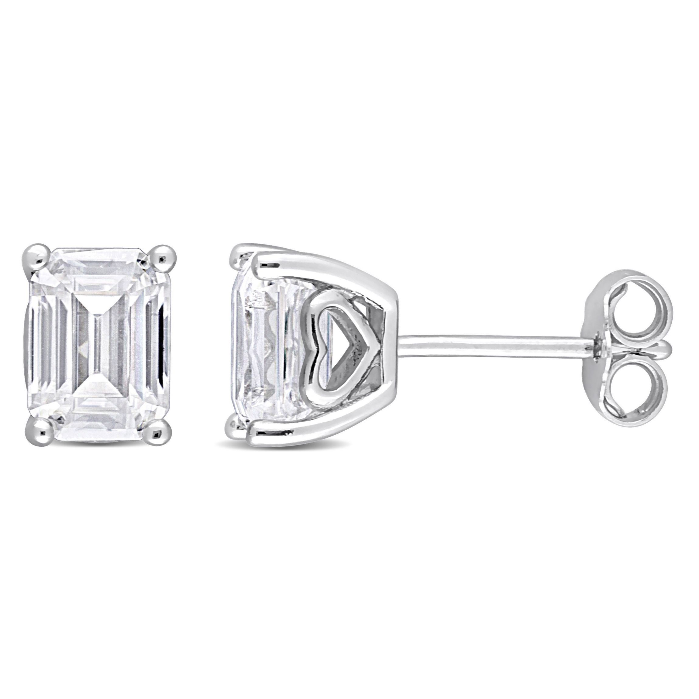 Lab Created 2 CT TGW Emerald Cut Created Moissanite Stud Earrings with Heart Detail in Sterling Silver