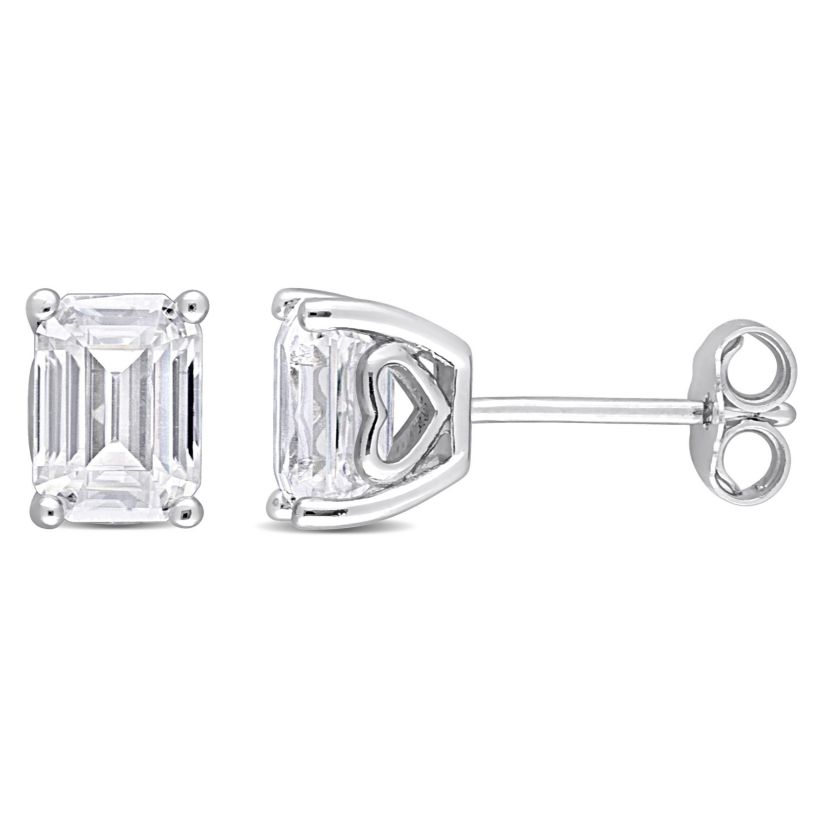 Lab Created 2 CT TGW Emerald Cut Created Moissanite Stud Earrings with Heart Detail in Sterling Silver