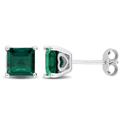 Belk & Co Lab Created 2.33 CT TGW Square-Cut Emerald Stud Earrings in Sterling Silver, White