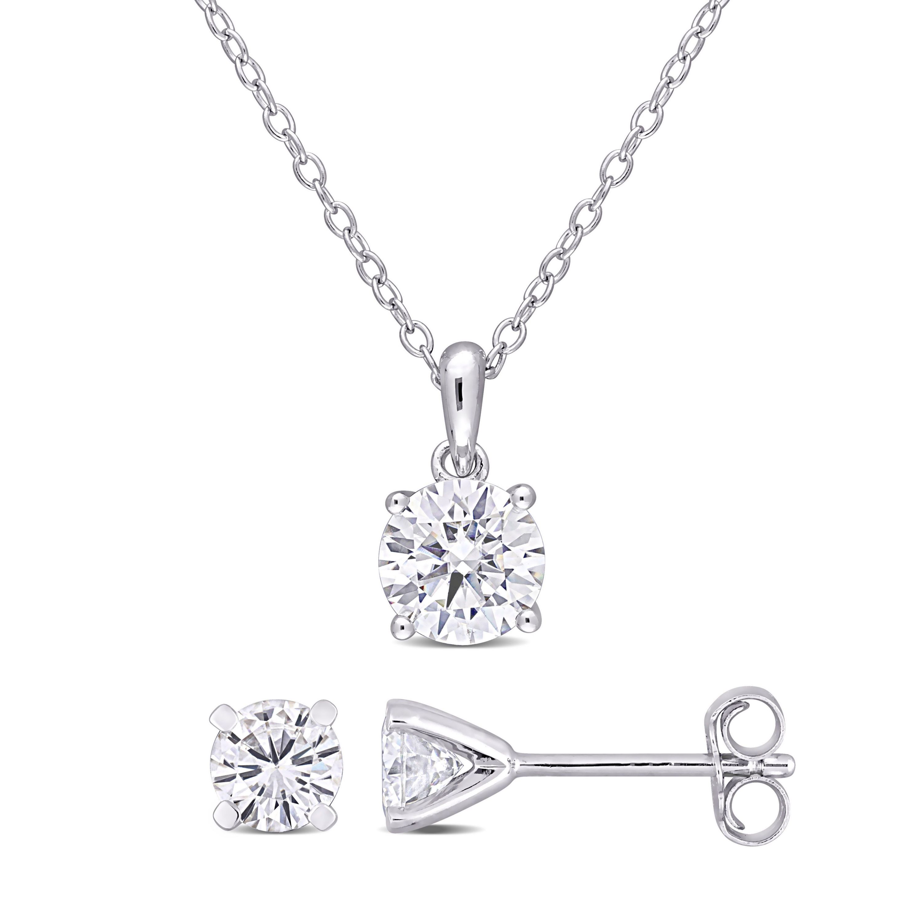Lab Created 2 CT DEW Created Moissanite 2-piece Stud Earrings and Pendant with Chain Set in Sterling Silver