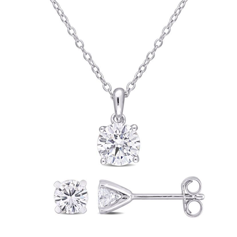 Lab Created 2 CT DEW Created Moissanite 2-piece Stud Earrings and Pendant with Chain Set in Sterling Silver