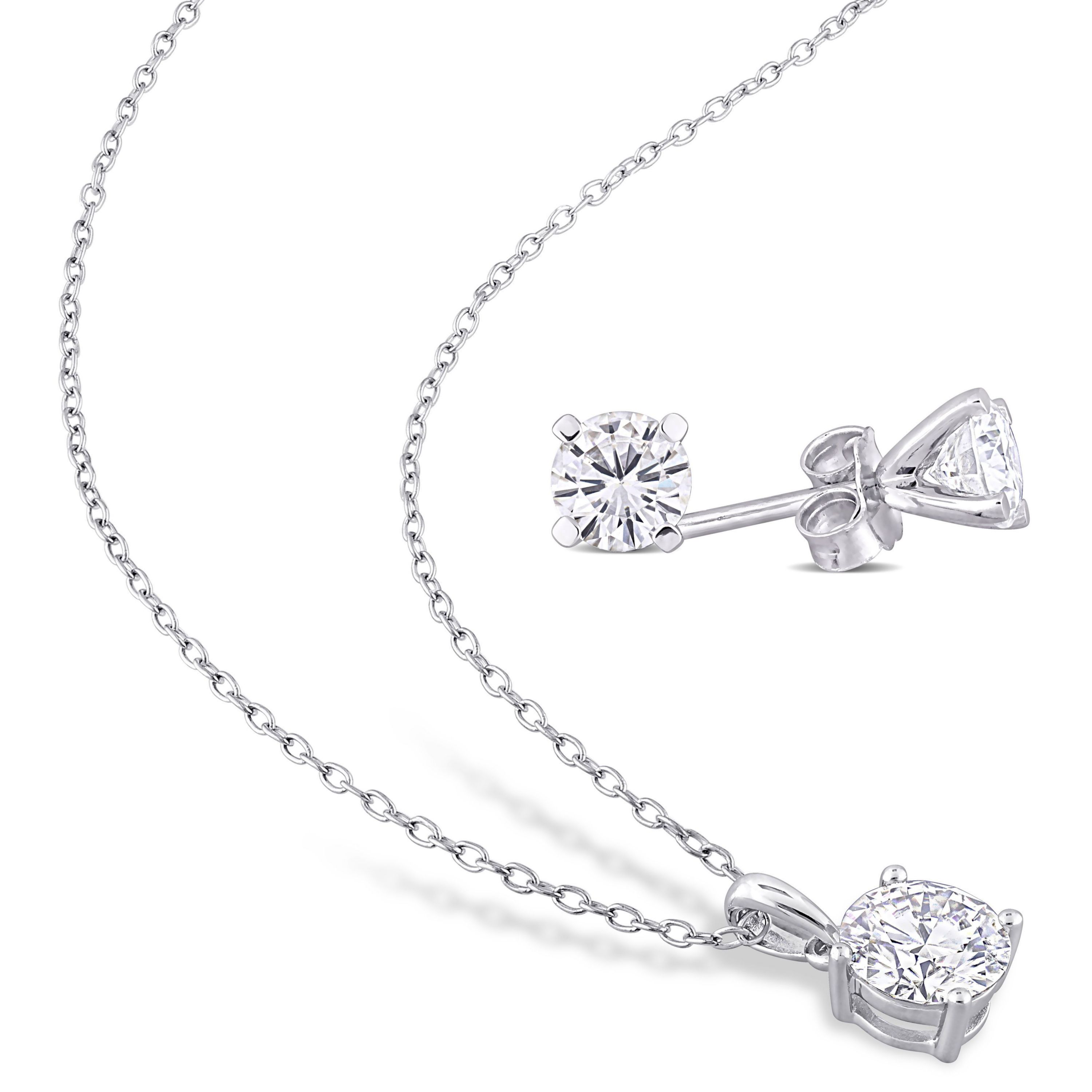 Lab Created 2 CT DEW Created Moissanite 2-piece Stud Earrings and Pendant with Chain Set in Sterling Silver