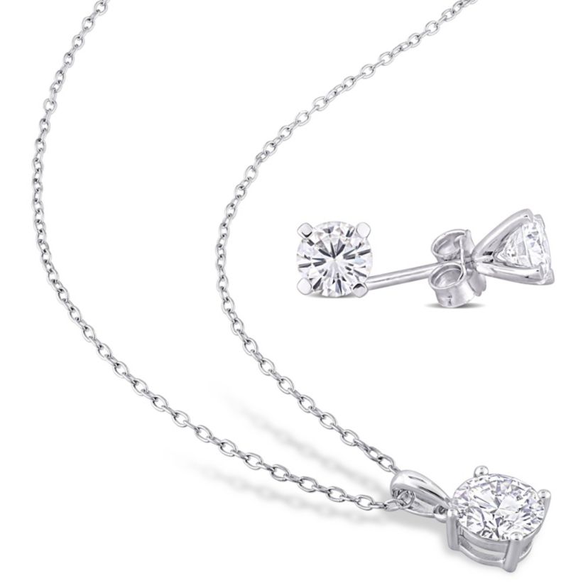 Lab Created 2 CT DEW Created Moissanite 2-piece Stud Earrings and Pendant with Chain Set in Sterling Silver