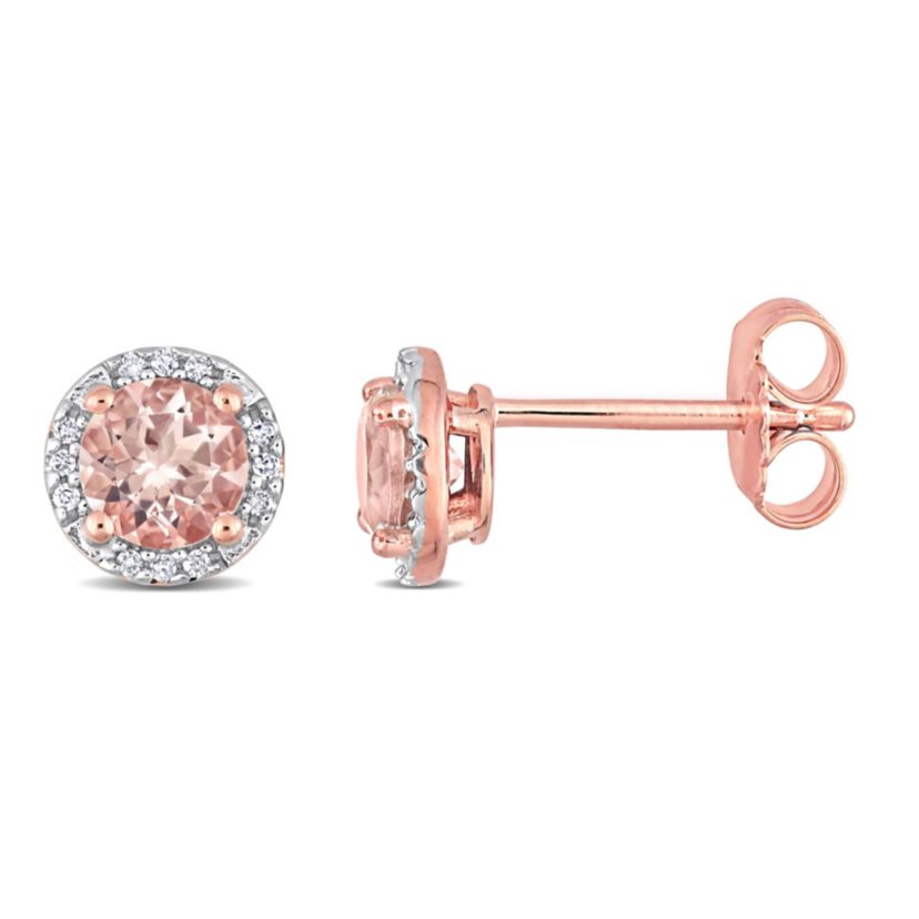 Morganite and Diamond Accent Halo Stud Earrings in Rose Plated Sterling Silver