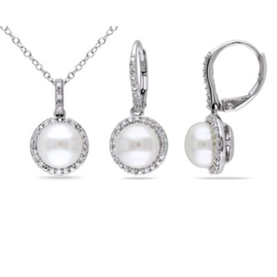 Belk & Co 2-Piece Set of 8-8.5MM Freshwater Cultured Pearl and 1/3 ct. t.w. Diamond Earrings and Pendant with Chain in Sterling Silver, White
