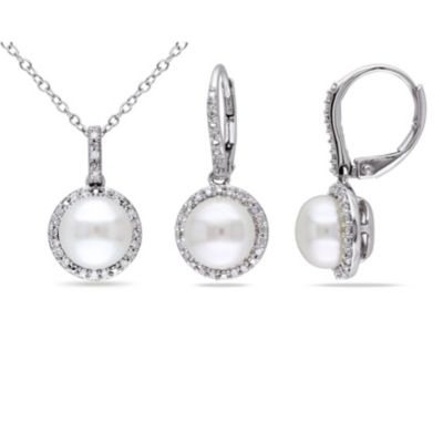 Belk & Co 2-Piece Set Of 8-8.5Mm Freshwater Cultured Pearl And 1/3 Ct. T.w. Diamond Earrings And Pendant With Chain In Sterling Silver